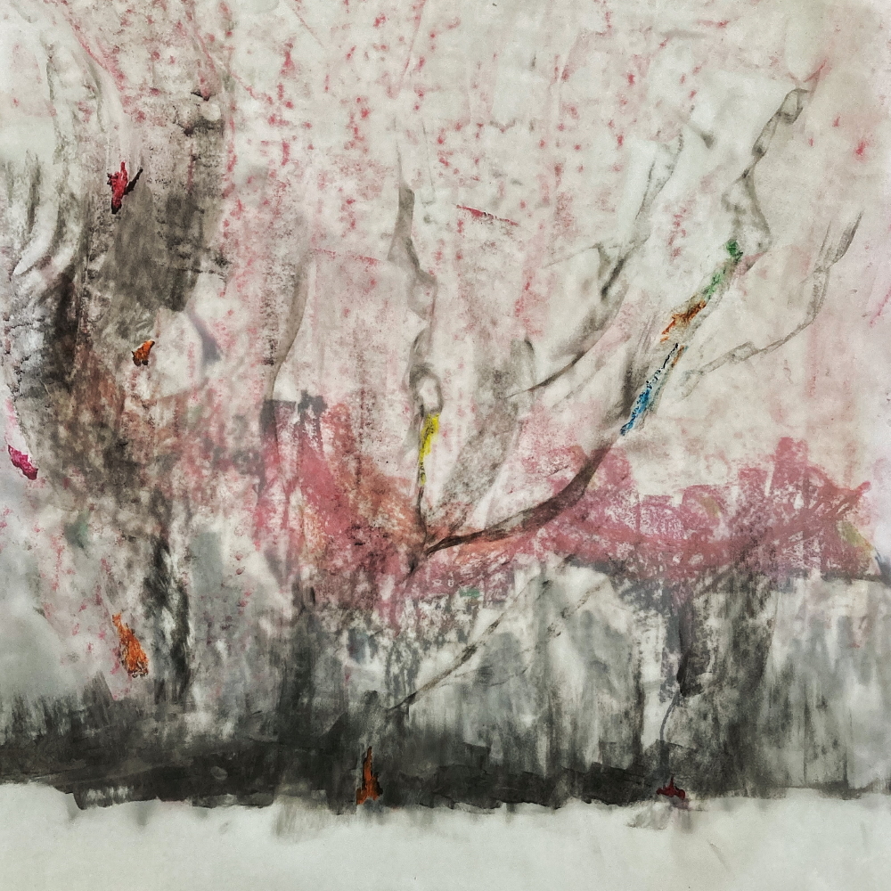 Janus, 2022, Kohle und Kreide auf Transparentpapier/zweilagig, 60 X 60 cm